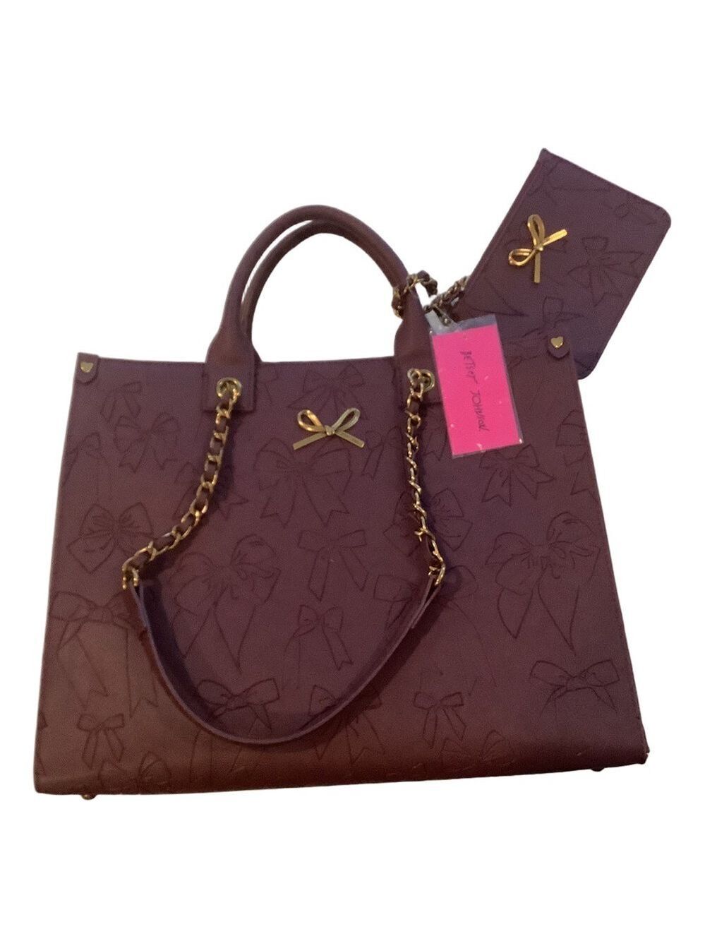 Betsey Johnson Bow Embossed Large Tote Bag Cherry Burgundy New